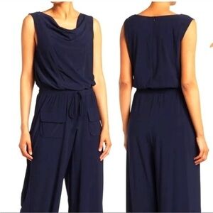 Vince Camuto Sleeveless Jumpsuit Elastic Waist Wide Leg Drape Neck Blue Size S